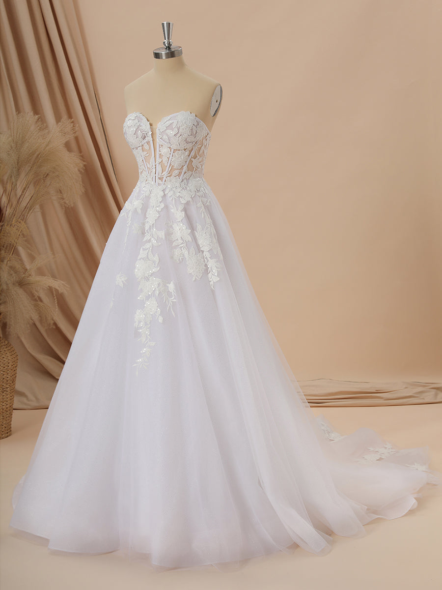Wedding Dresses Sleeve Lace, A-line Long Sleeves Tulle Sweetheart Appliques Lace Chapel Train Corset Convertible Wedding Dress