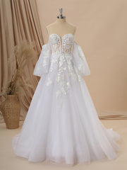 Wedding Dress Tulle Lace, A-line Long Sleeves Tulle Sweetheart Appliques Lace Chapel Train Corset Convertible Wedding Dress