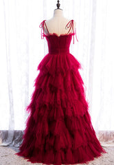 Chiffon Dress, A-Line Long Spaghetti Strap Red Prom Dresses,Black Layers Tulle Evening Dress