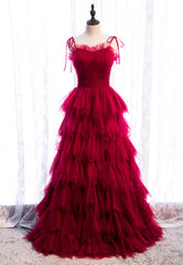 Black Tie Wedding Guest Dress, A-Line Long Spaghetti Strap Red Prom Dresses,Black Layers Tulle Evening Dress