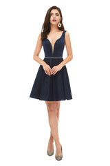 Bridesmaid Dresses Fall Color, A-Line Navy Blue V-neck Mini Short Beading Homecoming Dresses k08