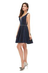 Bridesmaid Dress Fall Colors, A-Line Navy Blue V-neck Mini Short Beading Homecoming Dresses k08
