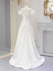Prom Dresses 2024 Cheap, A-Line Off Shoulder Satin ivory Long Prom Dress, Ivory  Long Bridesmaid Dress