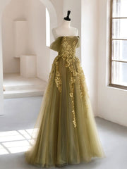 Bridesmaids Dresses Beach, A-Line Off Shoulder Tulle Lace Long Prom Dress, Green Tulle Formal Evening Dress