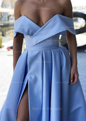 Bridesmaid Dress Under 124, A-line Off-the-Shoulder Cap Straps Sweep Train Satin Prom Dress With Pleated Split