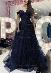 Prom Dress Designers, A-line Off-the-Shoulder Regular Straps Long/Floor-Length Tulle Prom Dress With Appliqued Glitter