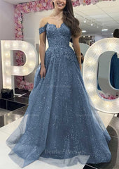 Prom Dresses Designers, A-line Off-the-Shoulder Regular Straps Long/Floor-Length Tulle Prom Dress With Appliqued Glitter