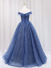 Formal Dress Long Gowns, A Line Off the Shoulder Shiny Blue Long Prom Dresses, Off Shoulder Shiny Blue Formal Evening Dresses