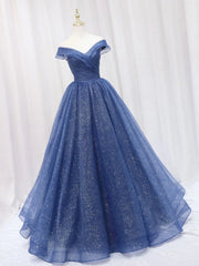 Formal Dresses Long Gowns, A Line Off the Shoulder Shiny Blue Long Prom Dresses, Off Shoulder Shiny Blue Formal Evening Dresses
