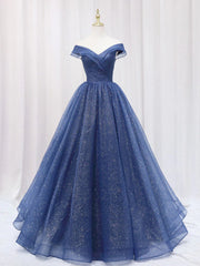 Formal Dress Long Gown, A Line Off the Shoulder Shiny Blue Long Prom Dresses, Off Shoulder Shiny Blue Formal Evening Dresses