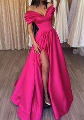 Homecoming Dress Short Tight, A-line Off-the-Shoulder Short Sleeve Satin Long/Floor-Length Prom Dress With Ruffles Split