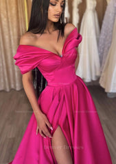 Homecoming Dresses Black Girl, A-line Off-the-Shoulder Short Sleeve Satin Long/Floor-Length Prom Dress With Ruffles Split