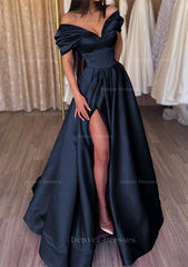 Homecoming Dress Black Girl, A-line Off-the-Shoulder Short Sleeve Satin Long/Floor-Length Prom Dress With Ruffles Split