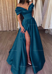 Homecoming Dresses Baby Blue, A-line Off-the-Shoulder Short Sleeve Satin Long/Floor-Length Prom Dress With Ruffles Split