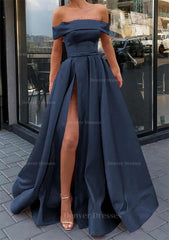 Evening Dress Ideas, A-line Off-the-Shoulder Sleeveless Long/Floor-Length Satin Prom Dress With Split