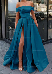 Evening Dresses Store, A-line Off-the-Shoulder Sleeveless Long/Floor-Length Satin Prom Dress With Split