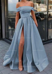 Evening Dresses Short, A-line Off-the-Shoulder Sleeveless Long/Floor-Length Satin Prom Dress With Split
