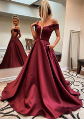 Prom Dress Classy, A-line Off-the-Shoulder Sleeveless Satin Sweep Train Prom Dress With Pockets