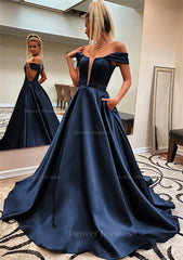 Prom Dress Types, A-line Off-the-Shoulder Sleeveless Satin Sweep Train Prom Dress With Pockets