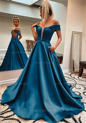 Prom Dress Type, A-line Off-the-Shoulder Sleeveless Satin Sweep Train Prom Dress With Pockets