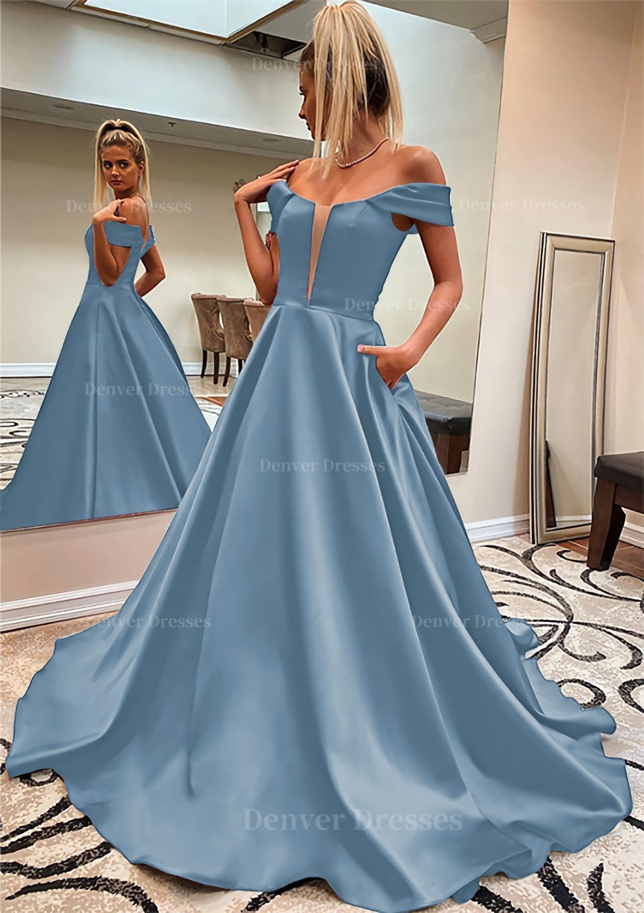Prom Dress Aesthetic, A-line Off-the-Shoulder Sleeveless Satin Sweep Train Prom Dress With Pockets