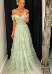 Evening Dress Wedding, A-line Off-the-Shoulder Sleeveless Sweep Train Tulle Prom Dress With Pleated