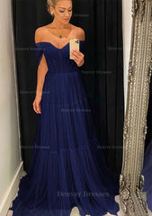 Evening Dress Long, A-line Off-the-Shoulder Sleeveless Sweep Train Tulle Prom Dress With Pleated