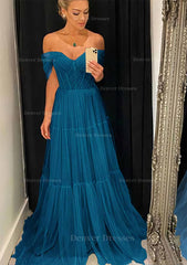 Evening Dress Boutique, A-line Off-the-Shoulder Sleeveless Sweep Train Tulle Prom Dress With Pleated
