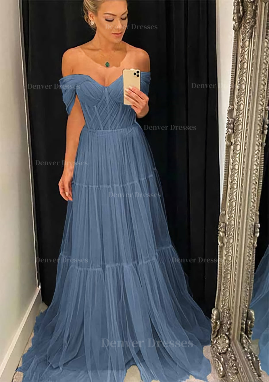Evenning Dresses Long, A-line Off-the-Shoulder Sleeveless Sweep Train Tulle Prom Dress With Pleated