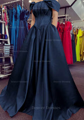 Bridesmaids Dress With Lace, A-line Off-the-Shoulder Strapless Long/Floor-Length Satin Prom Dress With Pleated Pockets