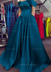 Bridesmaid Dress With Lace, A-line Off-the-Shoulder Strapless Long/Floor-Length Satin Prom Dress With Pleated Pockets