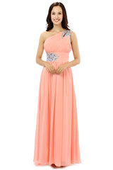 Bridesmaids Dresses Long Sleeve, A-line One-shoulder Chiffon Beaded Crystals Coral Bridesmaid Dresses