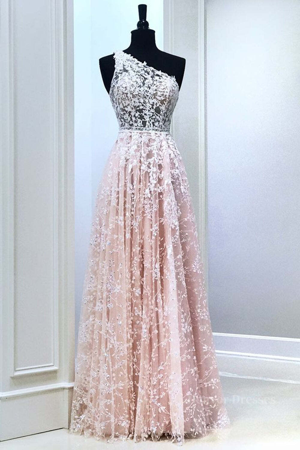 Backless Prom Dress, A Line One Shoulder Pink Lace Long Prom Dress, Pink Lace Formal Dress, Pink Evening Dress