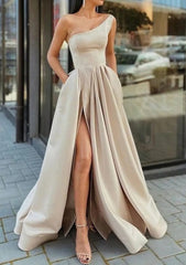 Prom Dress Boutique, A-line One-Shoulder Sleeveless Long/Floor-Length Satin Prom Dress With Ruffles Split