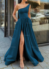 Prom Dresses Colorful, A-line One-Shoulder Sleeveless Long/Floor-Length Satin Prom Dress With Ruffles Split