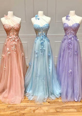 Bridesmaides Dresses Long, A-line One-Shoulder Sleeveless Long/Floor-Length Tulle Prom Dress with Appliqued Split