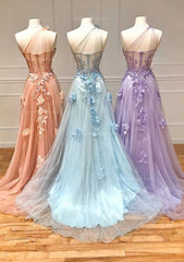 Bridesmaide Dresses Long, A-line One-Shoulder Sleeveless Long/Floor-Length Tulle Prom Dress with Appliqued Split
