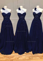 Bridesmaids Dresses On Sale, A-line One-Shoulder Sleeveless Long/Floor-Length Tulle Prom Dress with Appliqued Split