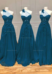 Bridesmaid Dress On Sale, A-line One-Shoulder Sleeveless Long/Floor-Length Tulle Prom Dress with Appliqued Split