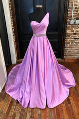 Prom Dress For Teen, A-line One-Shoulder Sleeveless Satin Long/Floor-Length Prom Dress With Beading Pleated