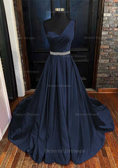 Prom Dresses For Teen, A-line One-Shoulder Sleeveless Satin Long/Floor-Length Prom Dress With Beading Pleated
