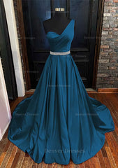 Prom Dresses Nearby, A-line One-Shoulder Sleeveless Satin Long/Floor-Length Prom Dress With Beading Pleated
