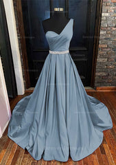 Prom Dress With Shorts, A-line One-Shoulder Sleeveless Satin Long/Floor-Length Prom Dress With Beading Pleated