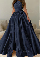 Bridesmaid Dresses Affordable, A-line One-Shoulder Sleeveless Sweep Train Satin Prom Dress with Pleated