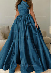 Bridesmaid Dress Online, A-line One-Shoulder Sleeveless Sweep Train Satin Prom Dress with Pleated