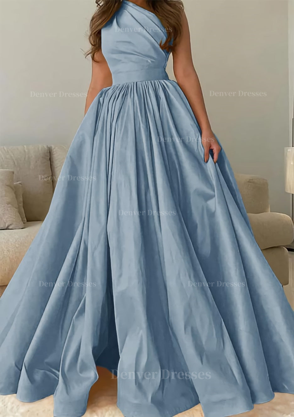 Bridesmaid Dresses Color Schemes, A-line One-Shoulder Sleeveless Sweep Train Satin Prom Dress with Pleated