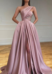 Prom Dress 2045, A-line One-Shoulder Sleeveless Sweep Train Satin Prom Dresses With Split Pleated