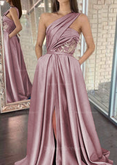 Prom Dress Idea, A-line One-Shoulder Sleeveless Sweep Train Satin Prom Dresses With Split Pleated