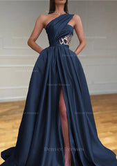 Prom Dress Fabric, A-line One-Shoulder Sleeveless Sweep Train Satin Prom Dresses With Split Pleated