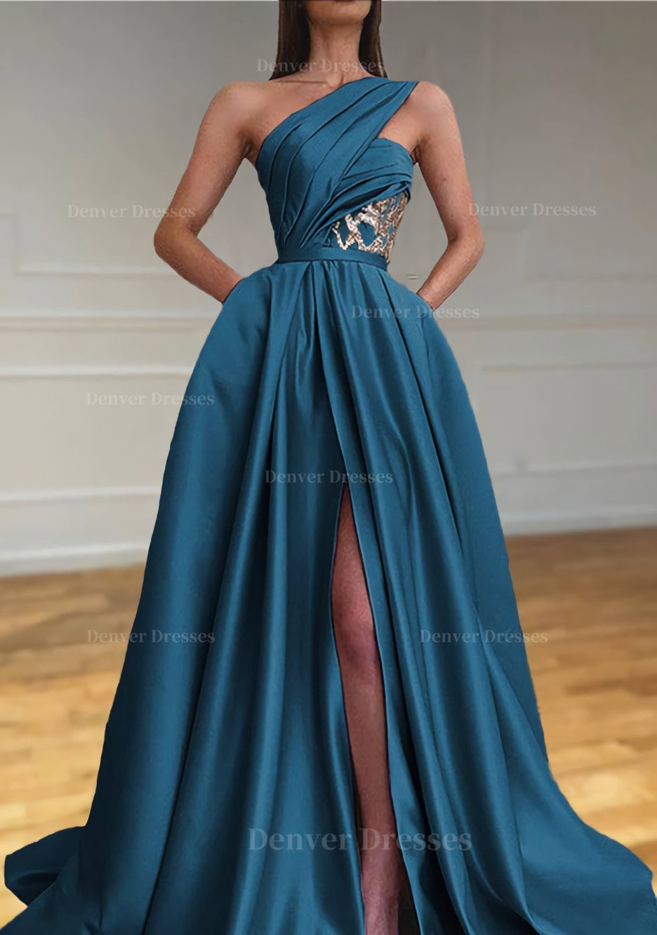 Prom Dresses Boutique, A-line One-Shoulder Sleeveless Sweep Train Satin Prom Dresses With Split Pleated